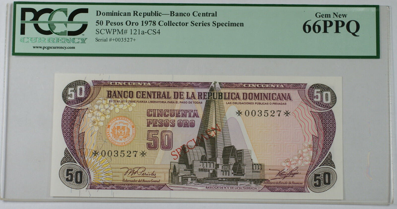 1978 Dominican Republic 50 Pesos Oro Specimen Note SCWPM# 121a-CS4 PCGS 66 PPQ