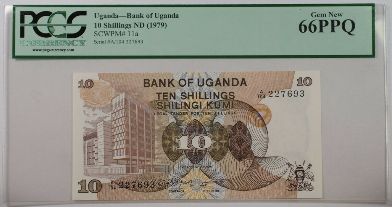 (1979) Bank of Uganda 10 Schillings Note SCWPM# 11a PCGS 66 PPQ Gem New