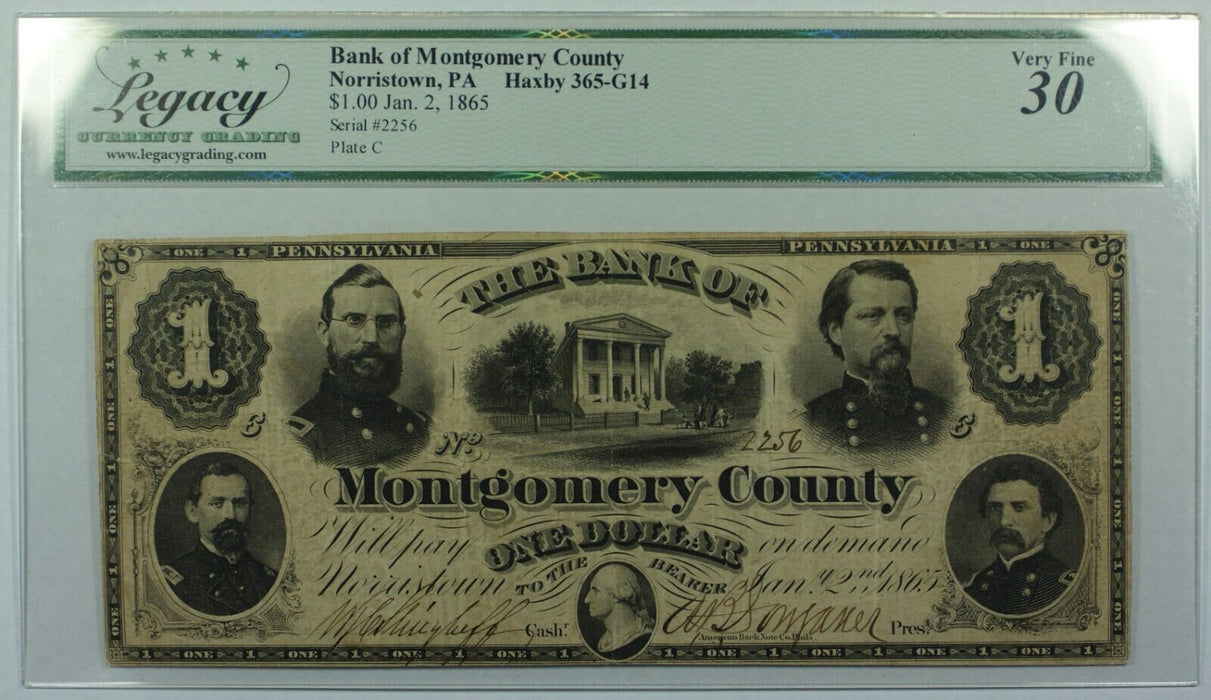 1865 Bank of Montgomery Co, PA $1 Note Haxby 365-G14  Legacy VF-30 w/Comments
