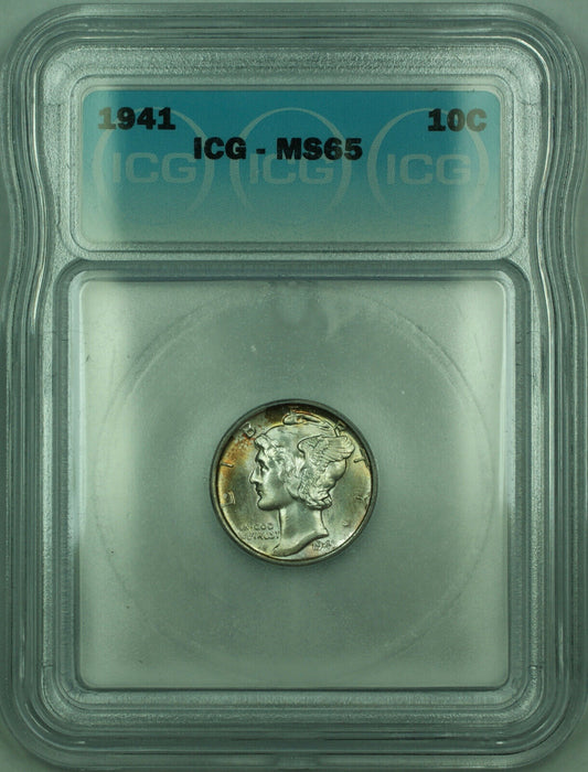 1941 Mercury Silver Dime 10c Coin ICG MS-65 Toned (W)