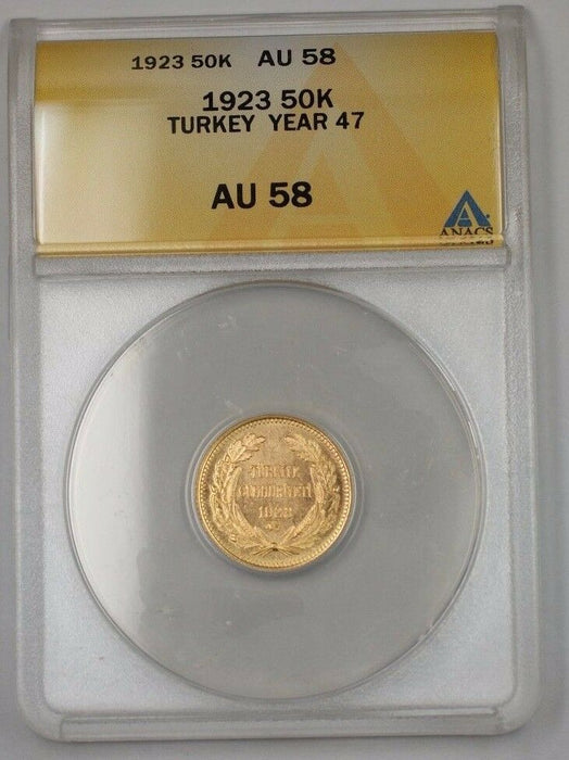 1923 Turkey 50k Fifty Kurush Gold Coin Year 47 ANACS AU-58 A