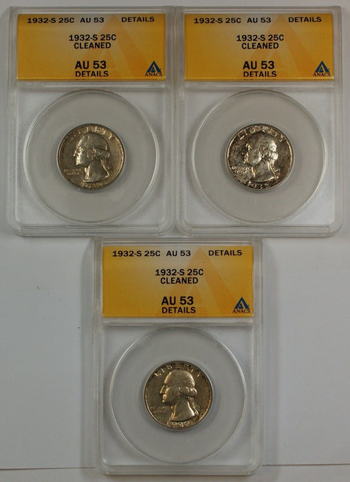 1932-S Silver Washington 25c, ANACS AU-53, Details *PRICE FOR ONE COIN ONLY*