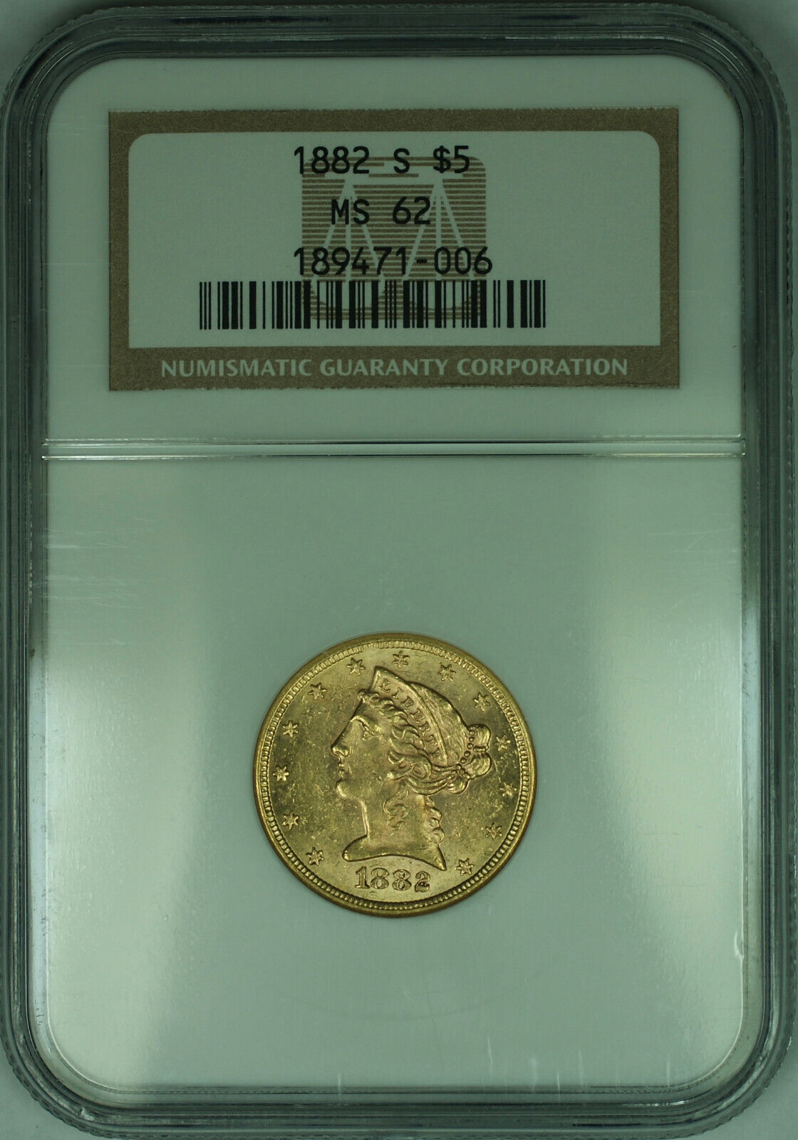 1882 S Liberty Half Eagle 5 Gold Coin NGC MS 62 Juliancoin