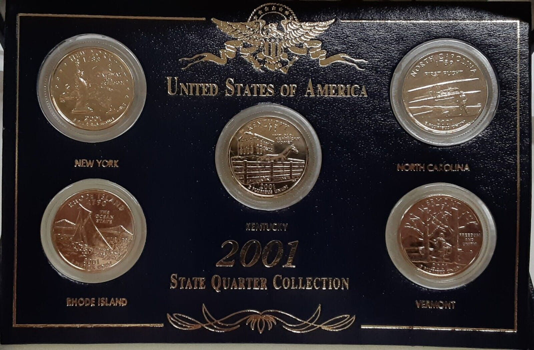 2001 P&D Statehood Quarter 5 Coin Set Gold Plated in Case