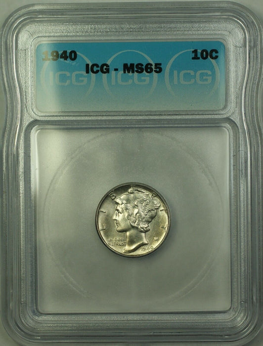 1940 Silver Mercury Dime 10c Coin ICG MS-65 Gem BU (E)