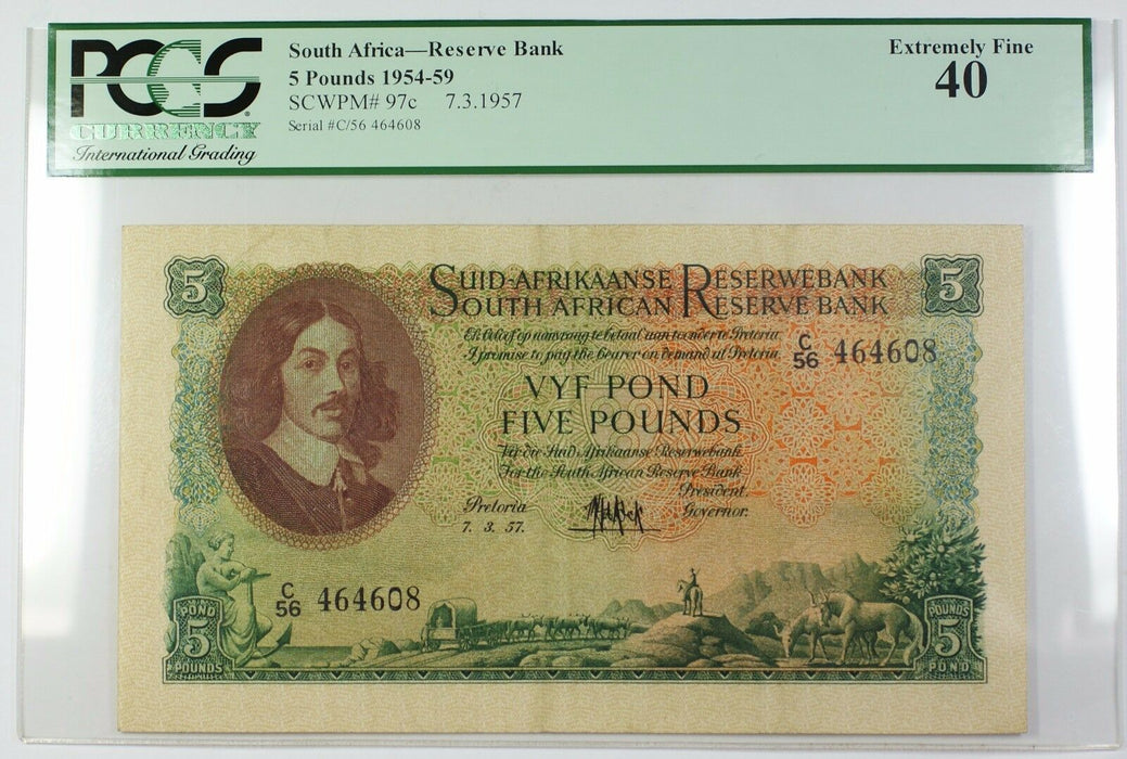 1954-59 7.3.1957 South Africa 5 Pounds Bank Note SCWPM# 97c PCGS EF-40 (C)