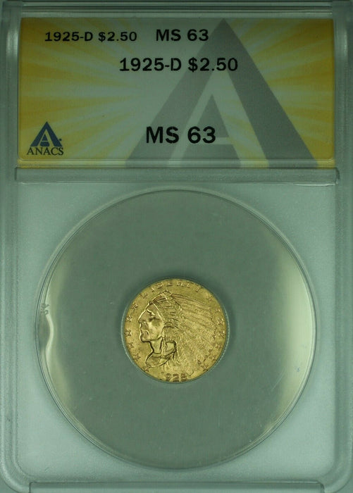 1925-D Indian Head Quarter Eagle $2.50 Gold Coin ANACS MS-63