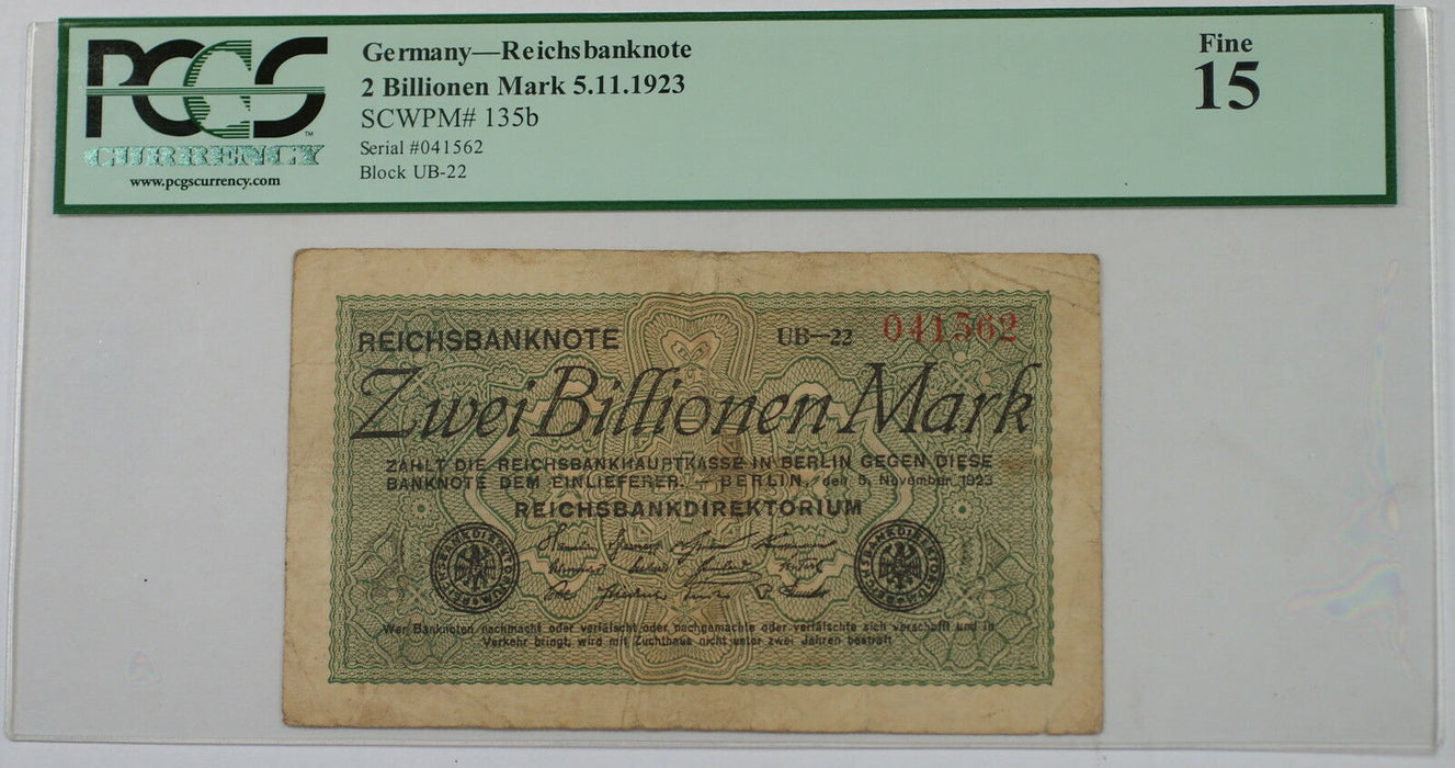 5.11.1923 Germany 2 Billionen Reichsbanknote SCWPM# 135b PCGS Fine F-15