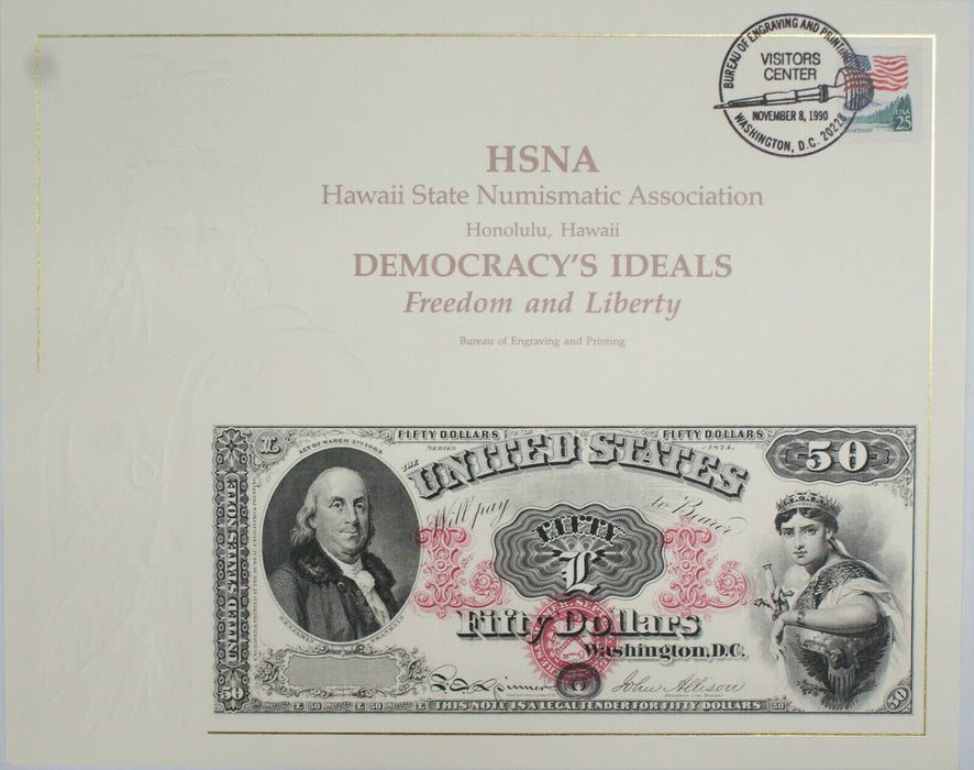BEP Souvenir Card B 144 1990 HSNA 1874 $50 Face LT Benjamin Franklin Canceled