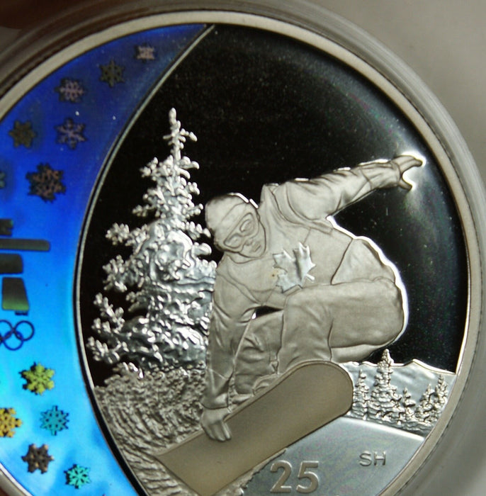 2008 Canada $25 Silver Coin-2010 Vancouver-Holographic-Snowboarding- w/Box & COA