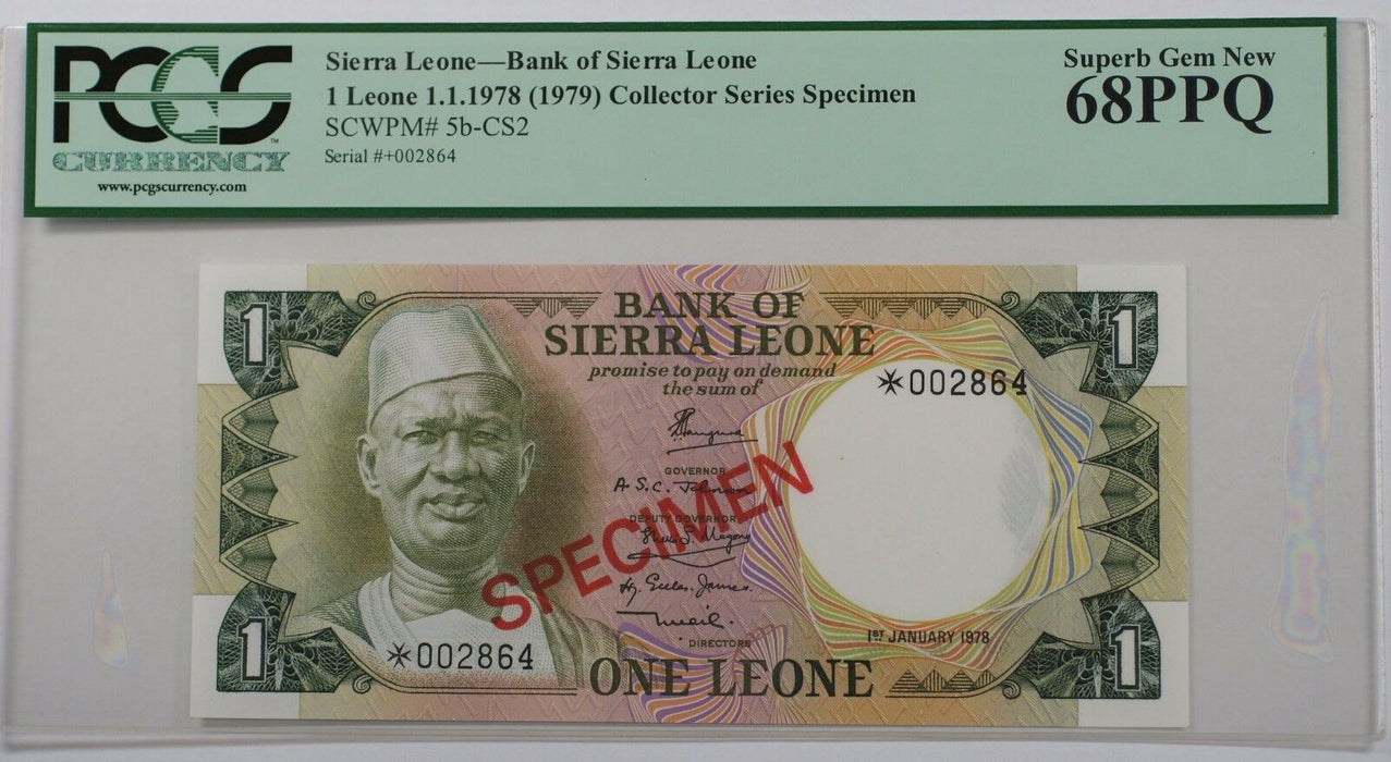 (1979) Sierra Leone 1 Leone Specimen Note SCWPM# 5b-CS2 PCGS 68 PPQ Superb Gem