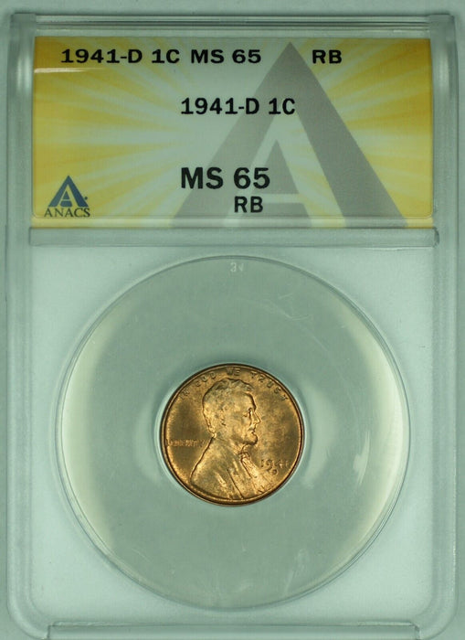 1941-D Lincoln Wheat Cent 1C Coin ANACS MS 65 RB (20) B