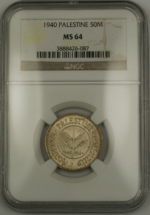 1940 Palestine 50M Fifty Mils Silver Coin NGC MS-64 Very Choice BU