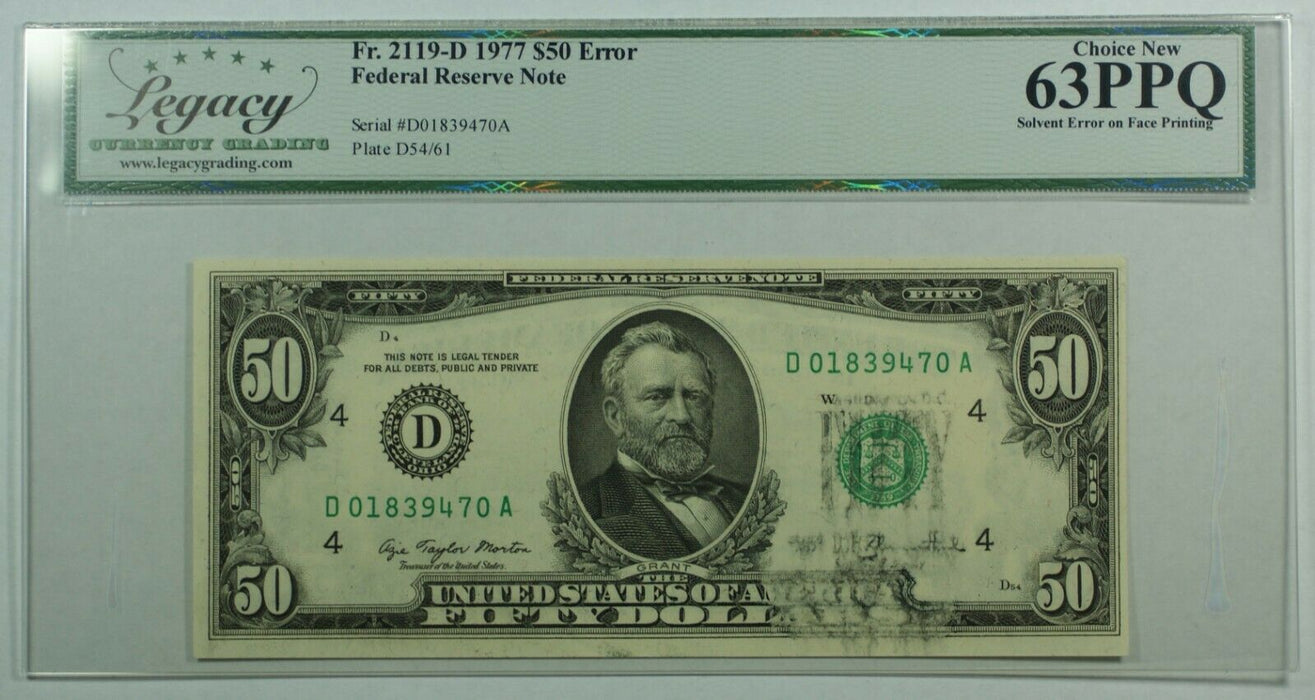 Series 1977 $50 Dollar FRN Solvent Error Note  Legacy Choice New 63 PPQ