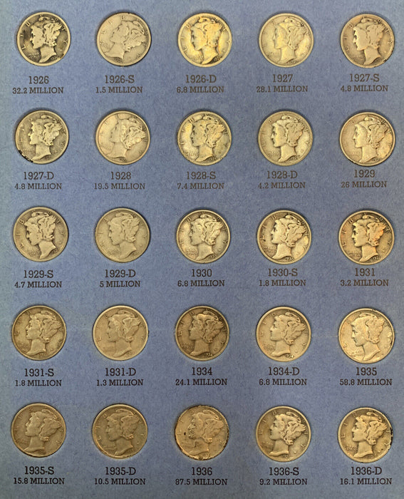 1916-1945 Mercury Dime Almost Complete Set, Whitman Coin Folder-NO 1916-D (B)