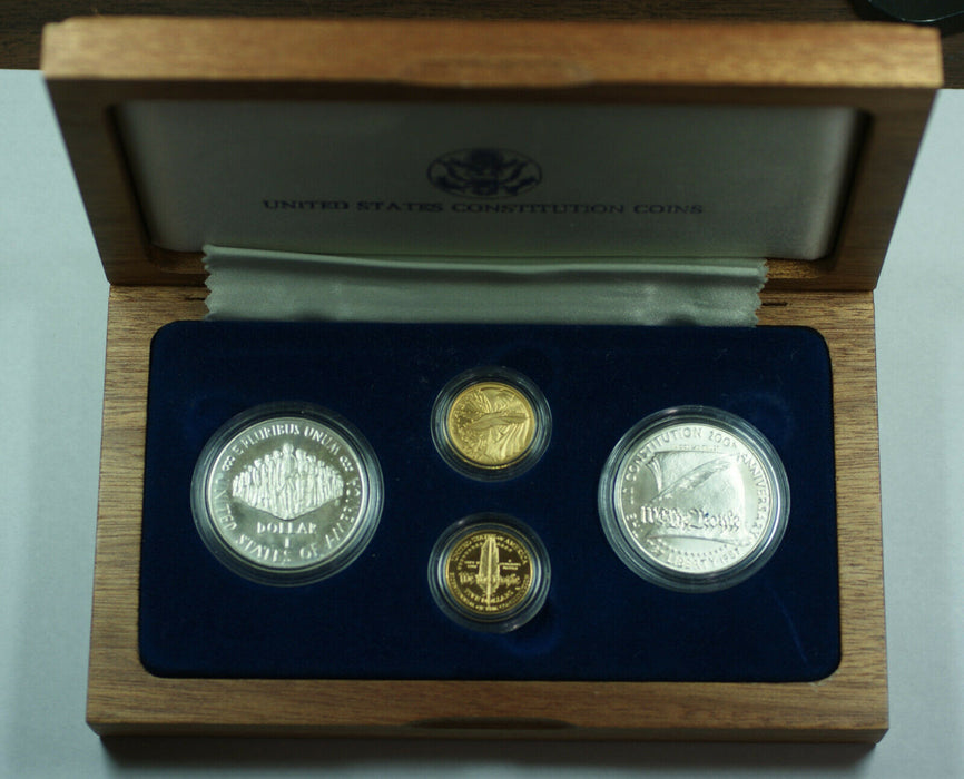 1987 Constitution Commemorative 4 Coin Set Gold Silver Proof/UNC w/ COA (No Box)