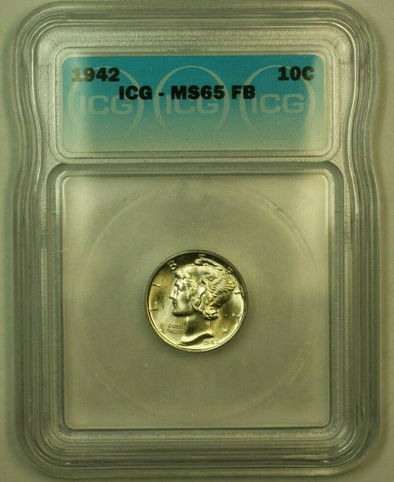 1942 Silver Mercury Dime 10c Coin ICG MS-65 FSB G (Undergraded)