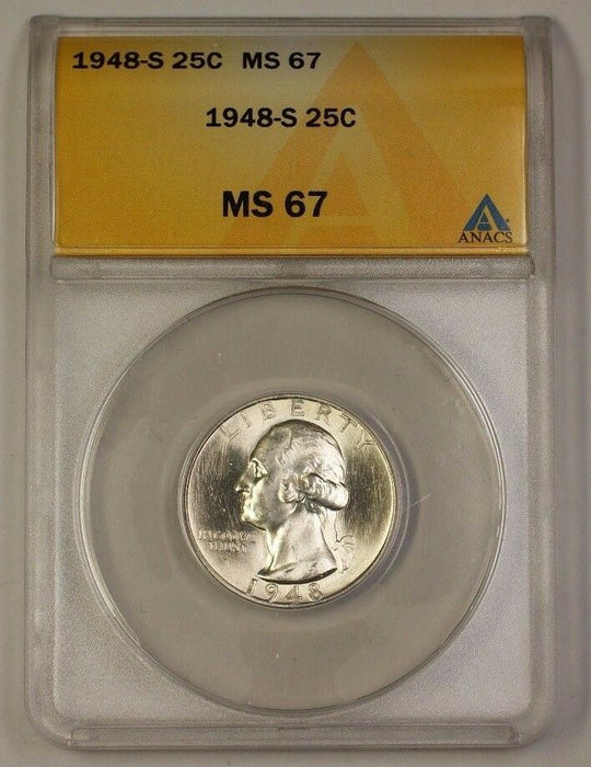 1948-S Washington Silver Quarter 25c Coin ANACS MS-67 GEM BU Beautiful