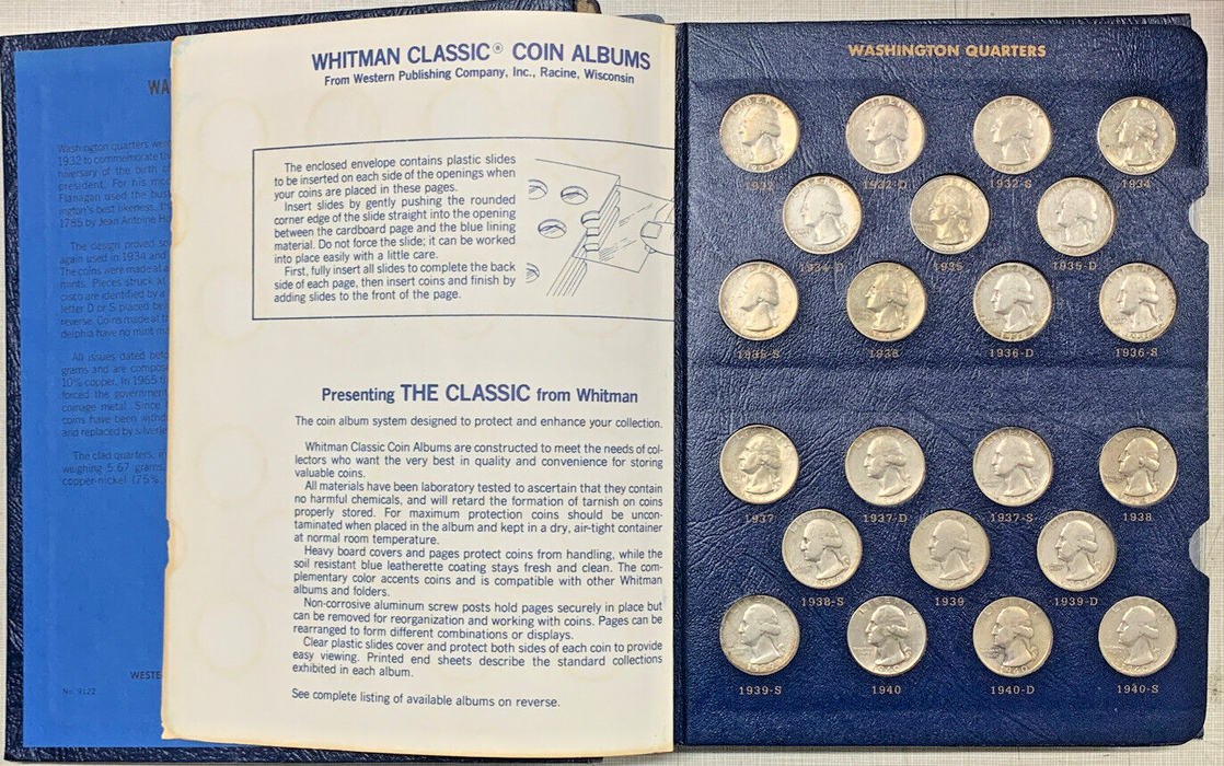 1932-1990 Washington Quarter Complete Set, Silver-Clad & Proof, Whitman Album-M