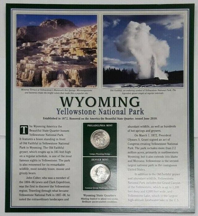 2010 Wyoming Yellowstone National Park Quarters P&D w/2 Stamps on Display Card