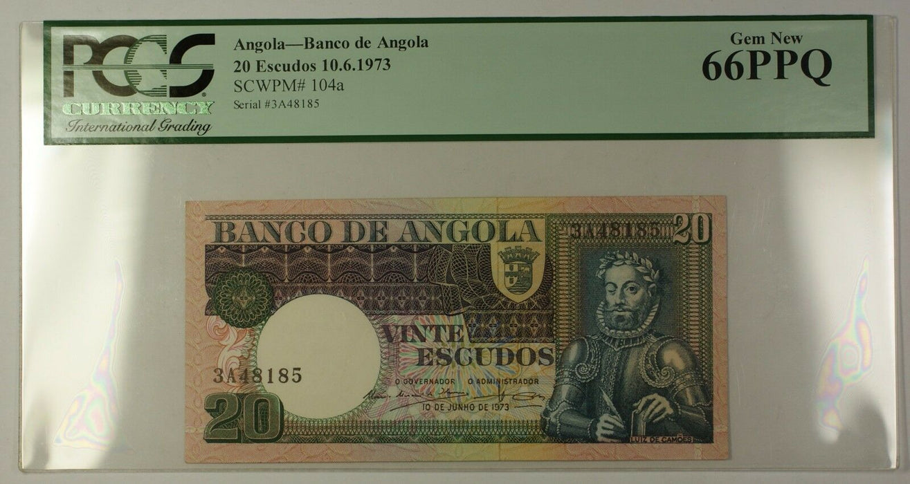 10.6.1973 Banco de Angola 20 Escudos Note SCWPM# 104a PCGS GEM New 66 PPQ
