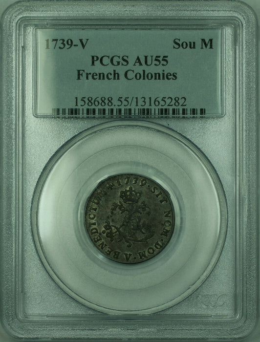 1739-V French Colonies 1 Sou Marque Coin PCGS AU-55 (GH)