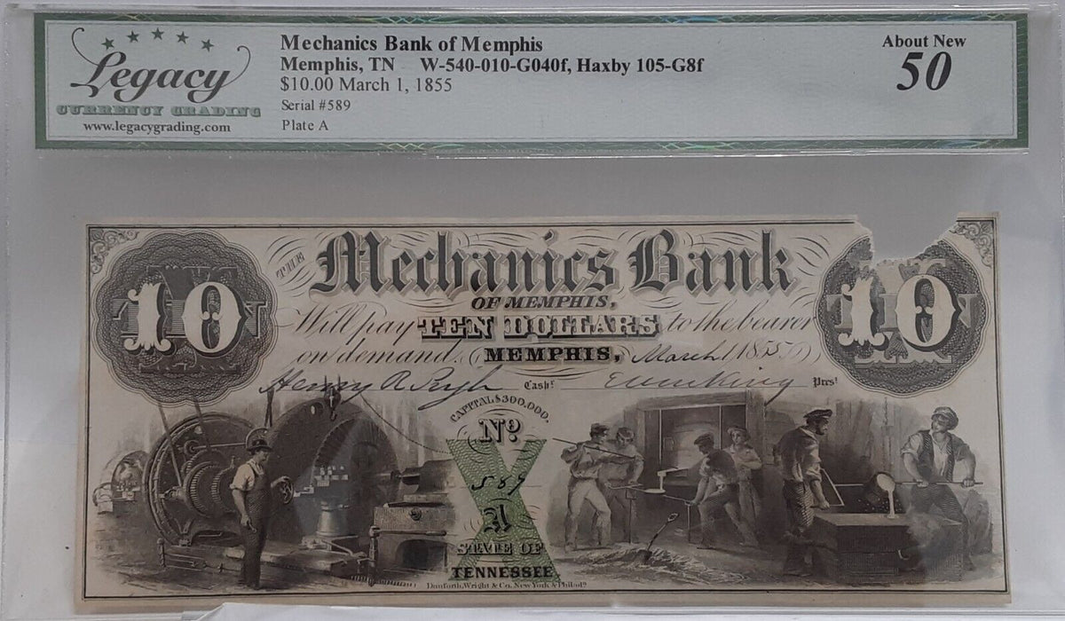 Mar 1, 1855 Iss Mechanics Bank of Memphis, TN $10 Note  Legacy Abt New 50 w/Comm