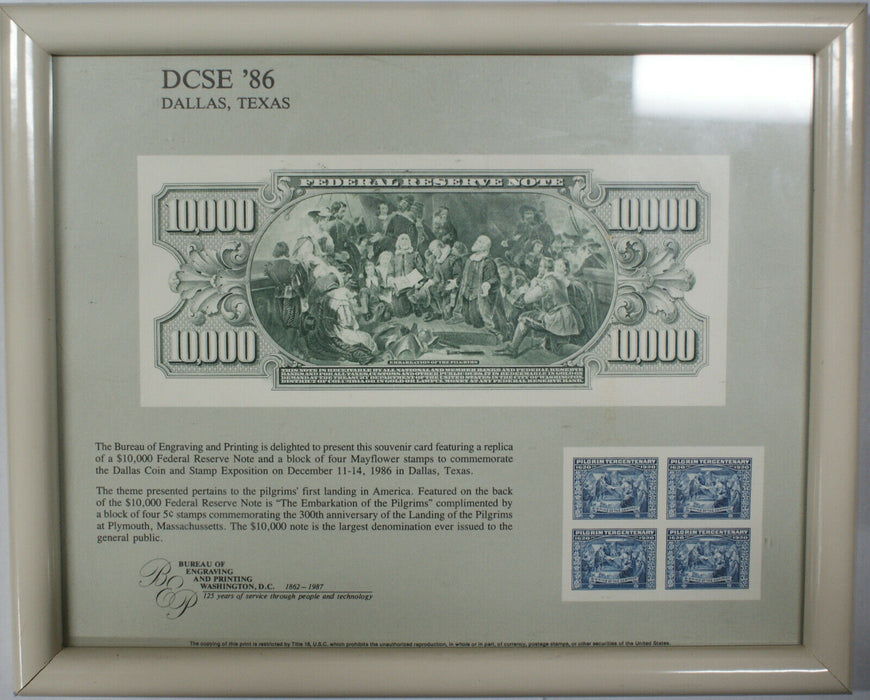 Framed DCSE Souvenir Card 1986 BEP B 100 $10,000 "Embarkation of Pilgrims" Note