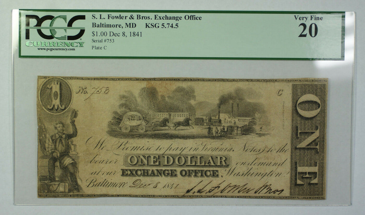 Dec 8 1841 $1 Obsolete Currency S. L. Fowler & Bros. Baltimore MD PCGS VF-20