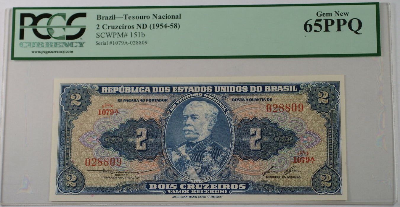 (1954-58)Brazil Tesouro Nacional 2 Cruzeiros Note SCWPM 151b PCGS 65 PPQ Gem New