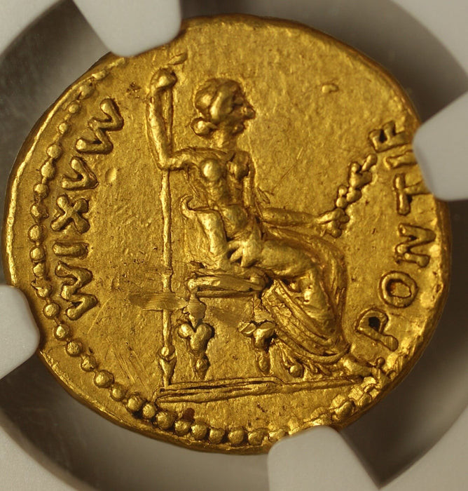 14-37AD Roman Empire Tiberius AV Gold Aureus Lugdunum NGC XF Scuffs Edge Marks