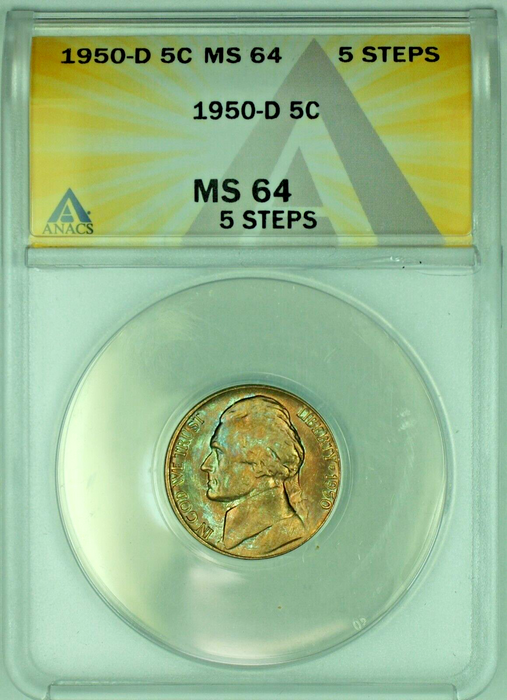 1950-D Jefferson Nickel Toned 5C ANACS MS 64-5 Steps (51)