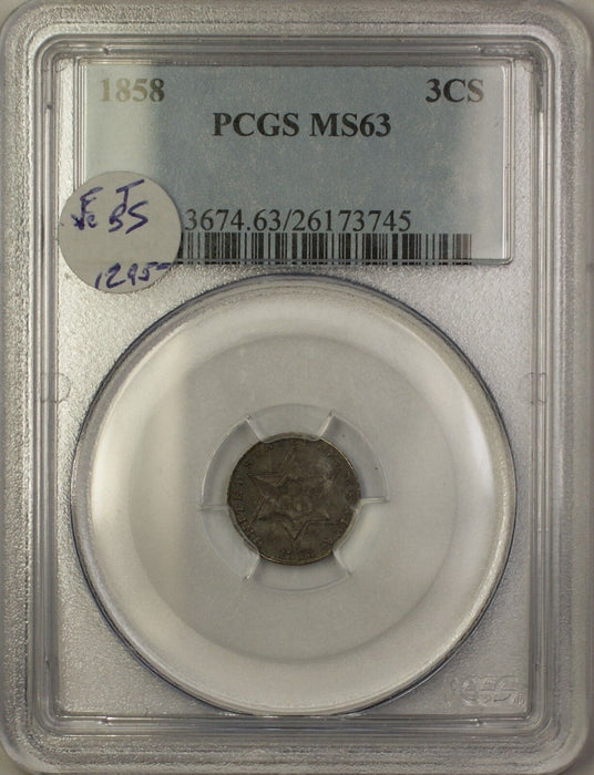1858 Three Cent Silver Piece 3c Coin PCGS MS-63 Toned Bold Strike (Very Choice)