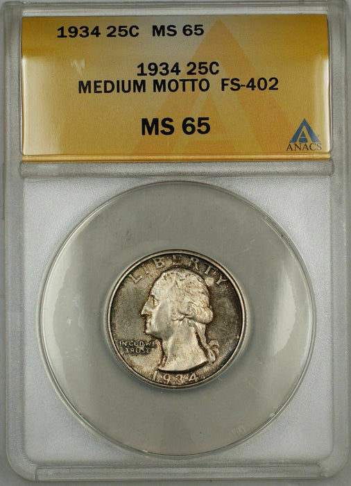 1934 Medium Motto Washington Silver Quarter Coin FS-402 ANACS MS-65 Toned (9)