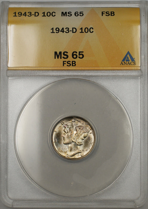 1943-D Mercury Dime 10C ANACS MS-65 Full Split Bands (Better Coin Toned 11 A)