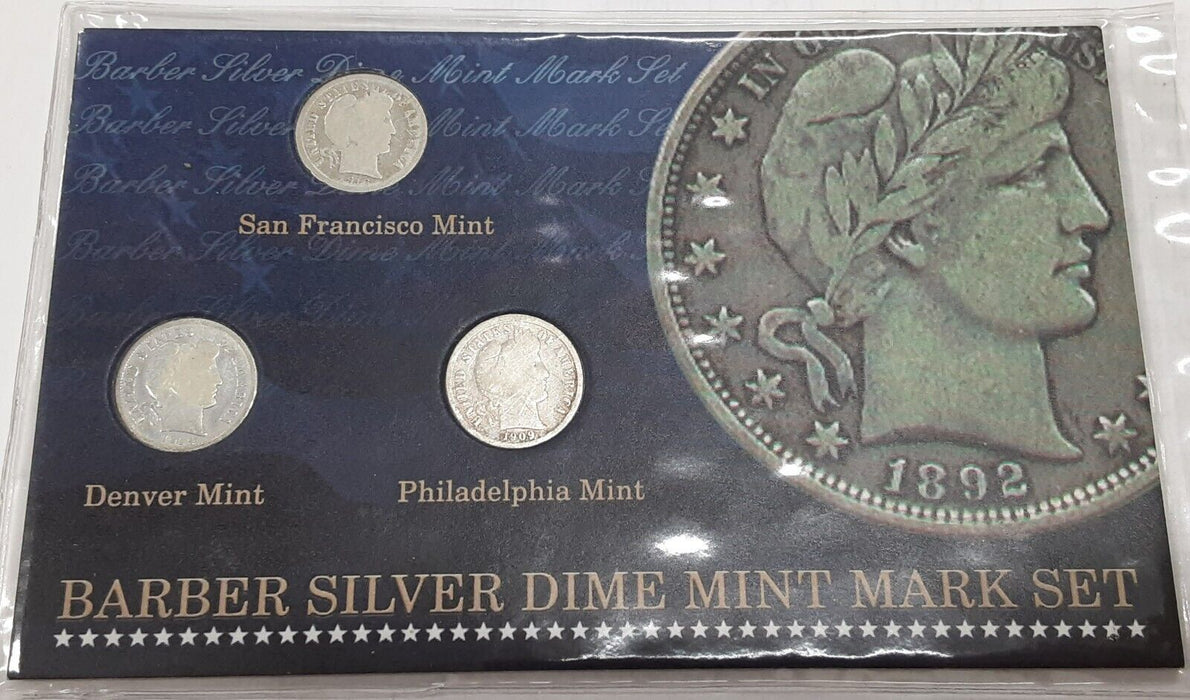 Barber Dime Mint Mark Set - 3 Coins P, D & S in Info Holder-Avg Circ