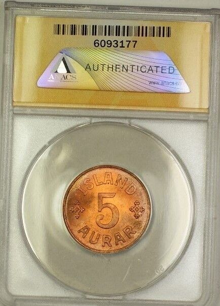 1942 Iceland 5A Five Aurar Copper Coin ANACS MS-65 Red GEM BU (A)