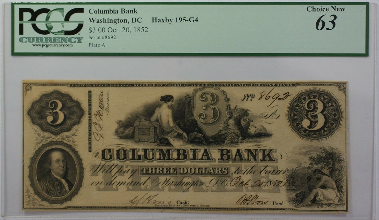 1852 Columbia Bank $3 Obsolete Currency Haxby 195-G4 Washington DC PCGS 63