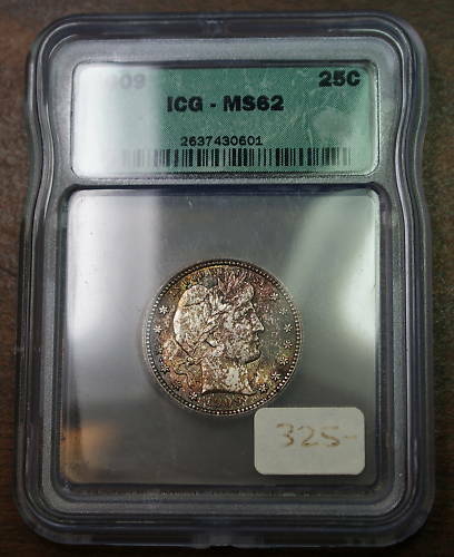 1909 Barber Silver Quarter, ICG MS-62, Toned Coin