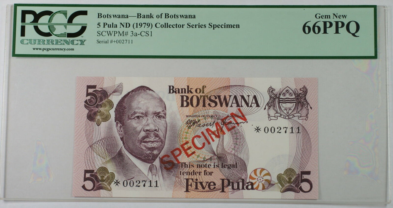 (1979) Botswana 5 Pula Specimen Note SCWPM# 3a-CS1 PCGS 66 PPQ Gem New