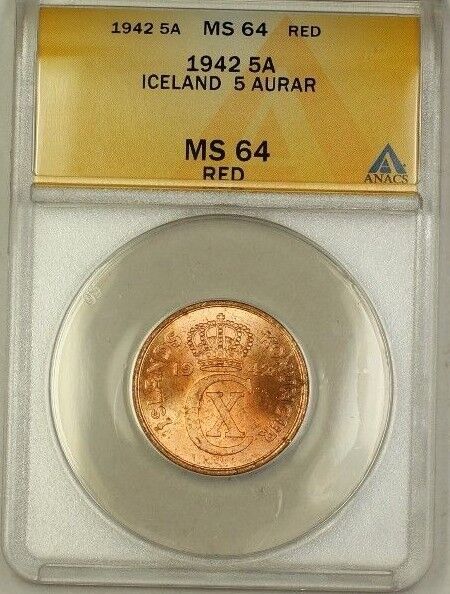 1942 Iceland 5A Five Aurar Copper ANACS MS-64 Red (Better Coin) (C)