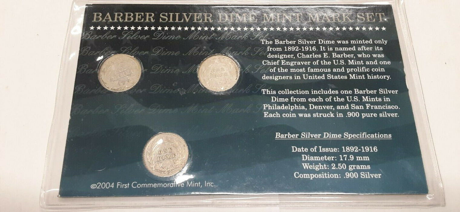 Barber Dime Mint Mark Collection 3 Coins P, D & S Mint in Holder