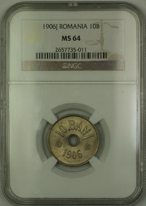 1906-J Romania Silver 10B Bani Coin NGC MS-64