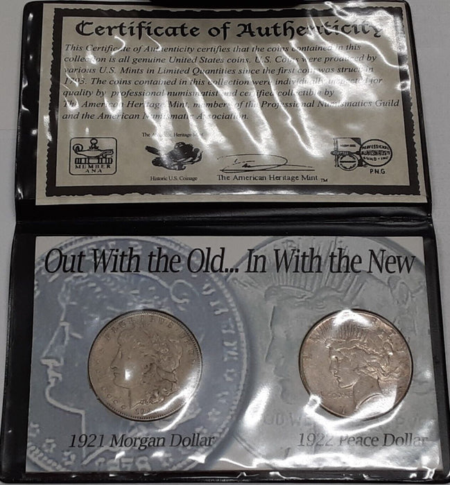 US Silver Dollar Set w/1921 Morgan & 1922 Peace Dollars Circ. in Info Folder