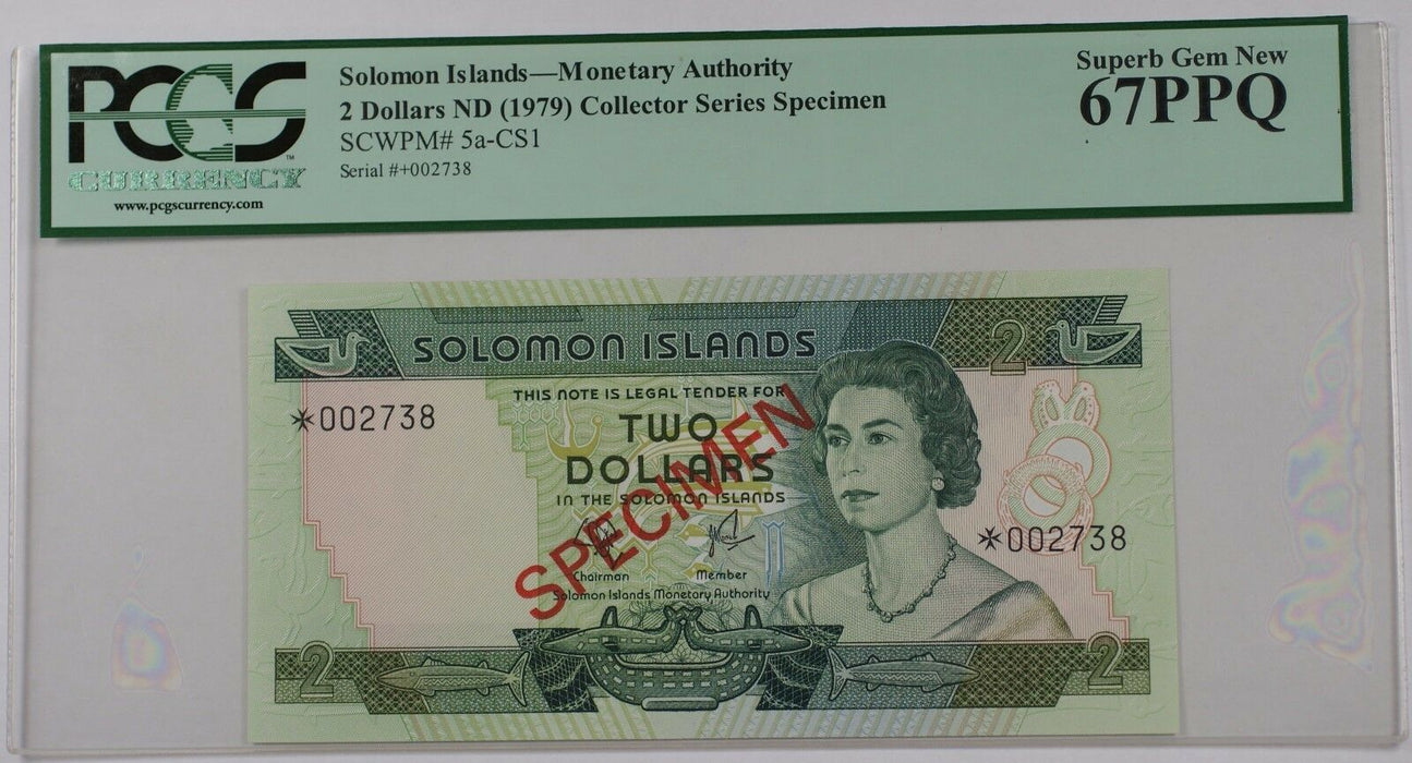(1979) Solomon Islands $2 Specimen Note SCWPM# 5a-CS1 PCGS 67 PPQ Superb Gem New