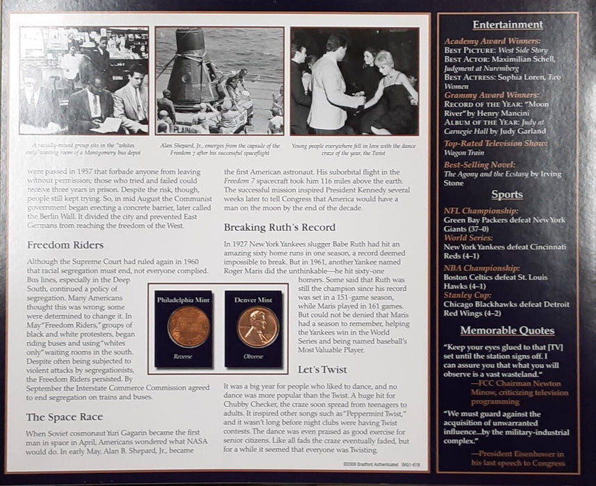 1961 Lincoln Cent / The Years Historic Events on Informative Card - See Photos