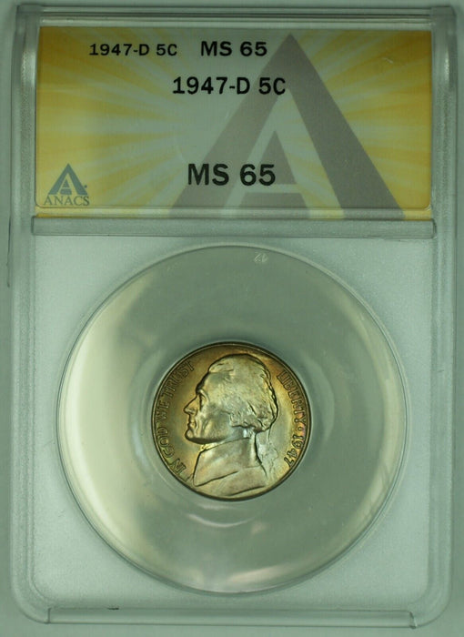 1947-D Jefferson Nickel Rainbow Tone 5C ANACS MS 65 (51)