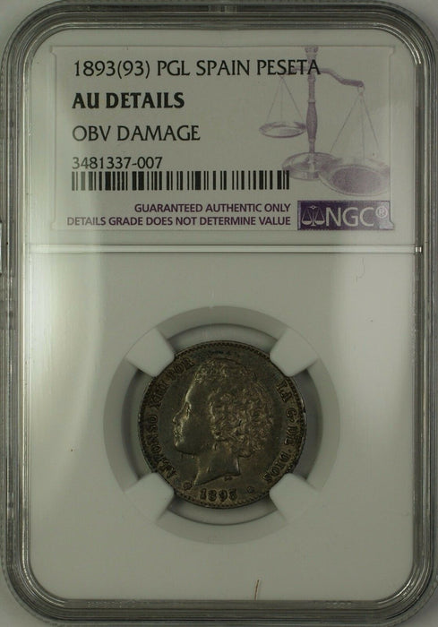 1893(93) PGL Spain Silver Peseta Coin NGC AU Details Obverse Damage