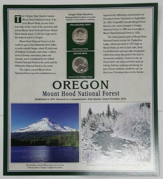 2010 Oregon Mount Hood National Forest Quarter P&D w/2 Stamps on Display Card