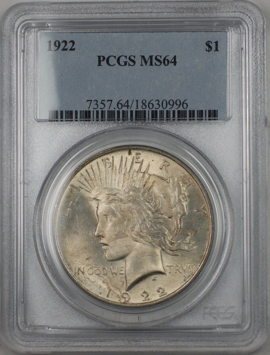 1922 Silver Peace Dollar $1 Coin PCGS MS-64 (BR 11G) Lightly Toned